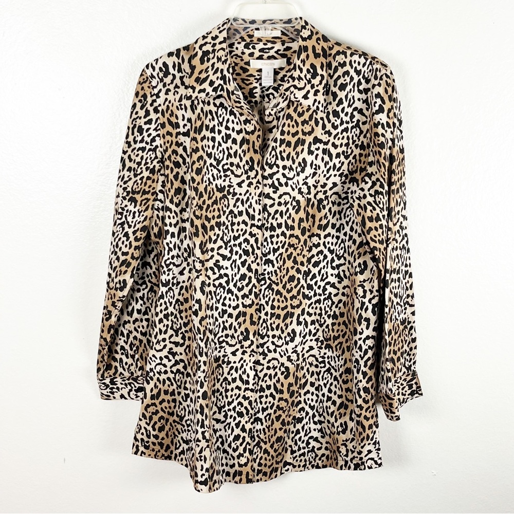 CHICO’S Animal Print No Iron Long Sleeves Button Up Top Medium Casual Safari